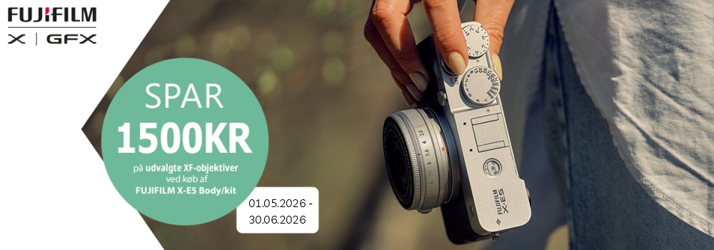 Fujfilm X-E5 kampagne. Spar 1.500 kr. på udvalgte XF-objektiver ved køb af X-E5 body eller kit.