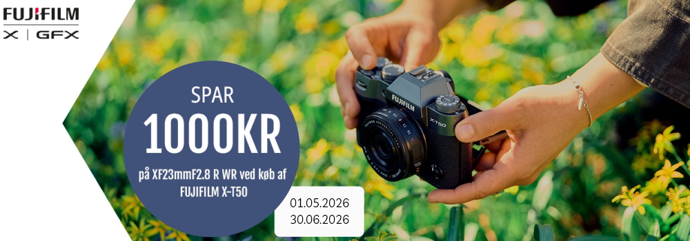 Fujifilm Spar 1000 kr. på XF23mm R WR ved køb af X-T50 hus eller kit.